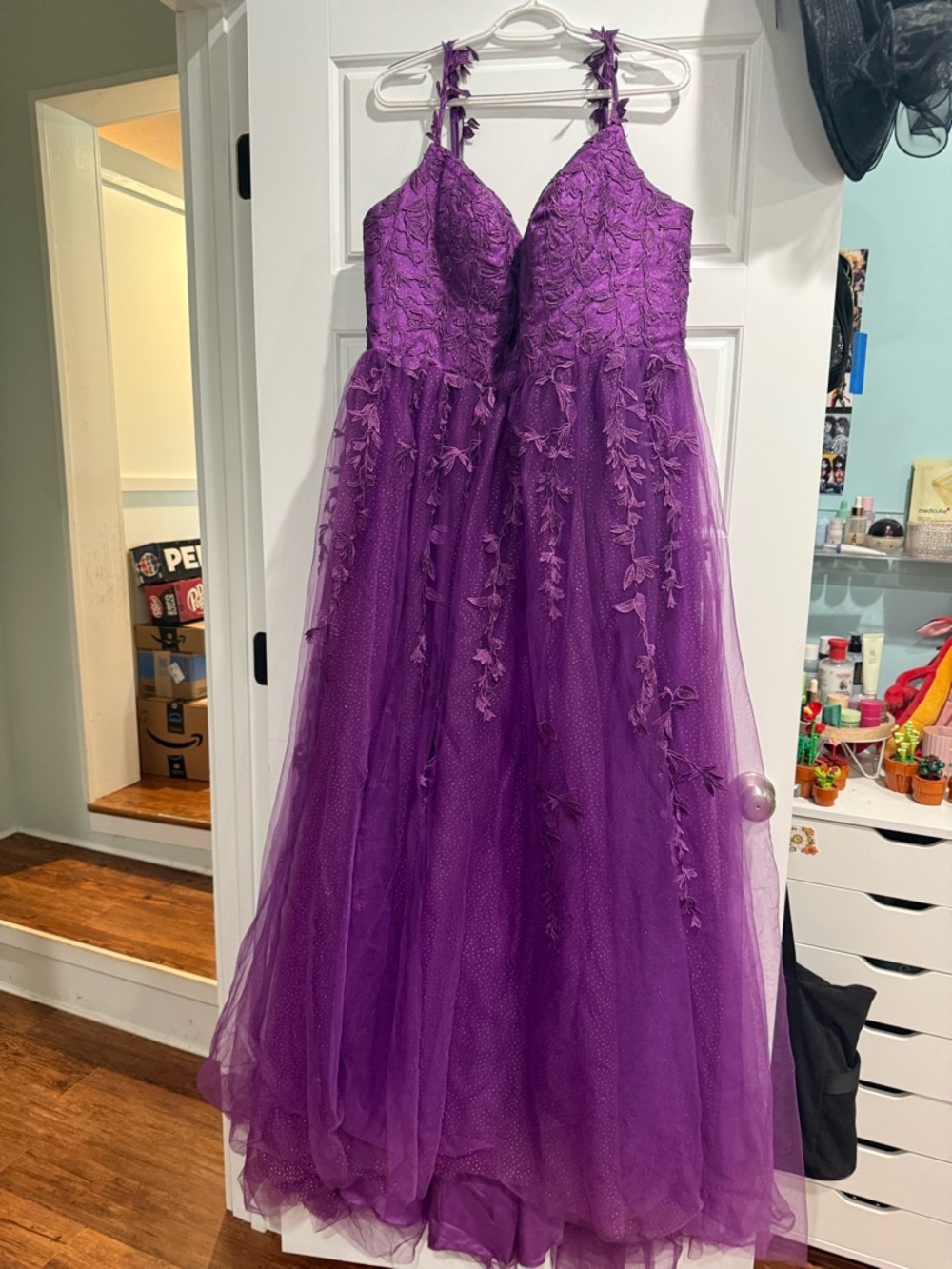 Sparkly Tulle Spaghetti Strap V neck Corset Prom Dress
